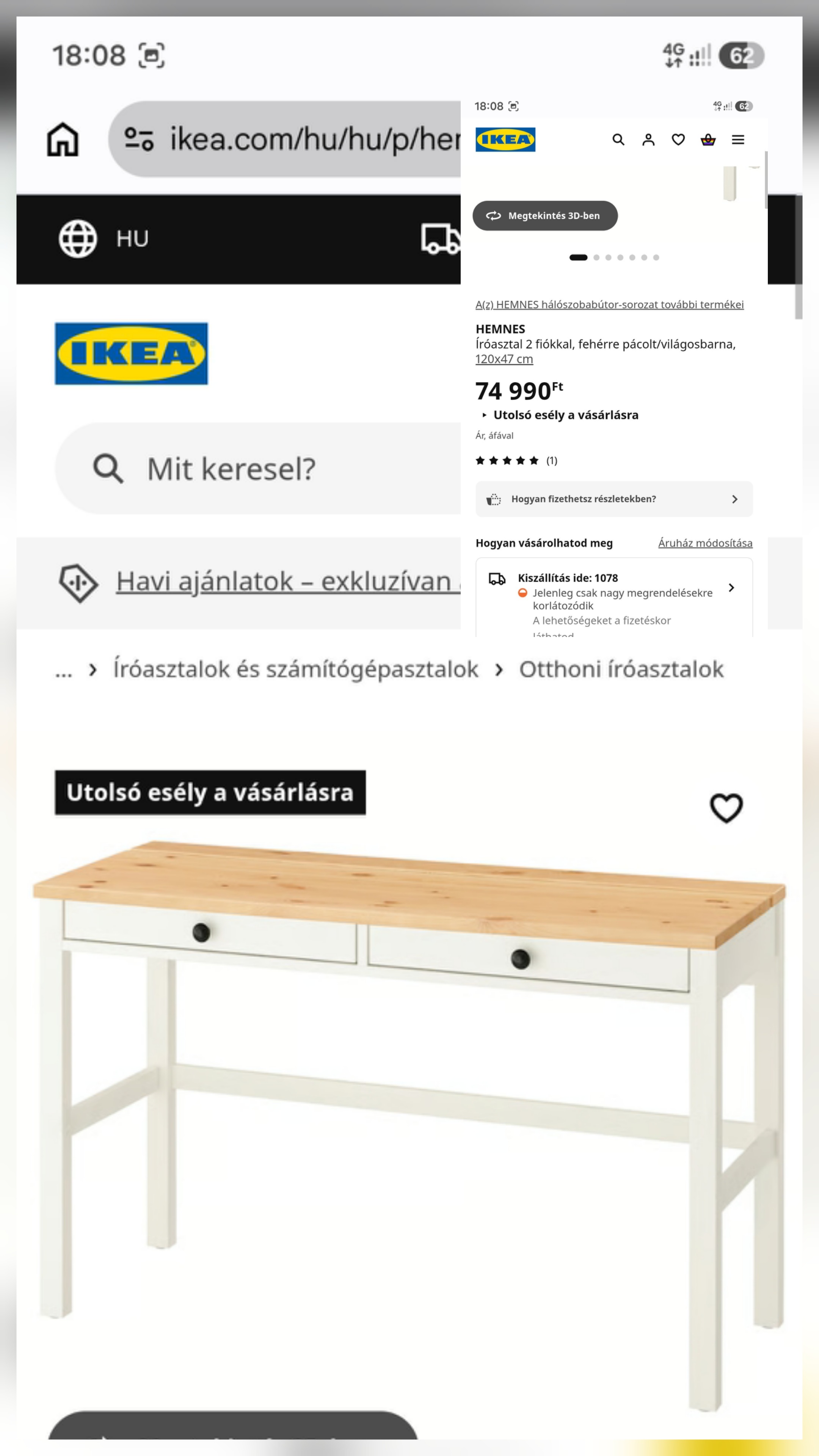 Ikeás Hemnes íróasztal  2 fiókos fehérre pácolt – 5. nézet